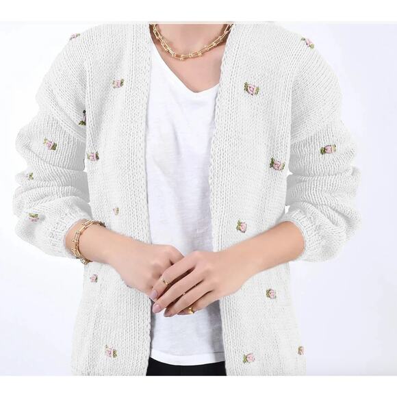 Fanm Mon Hand Knit Pink Rose Cardigan Cotton Sweater | Womens M L NEW - Picture 3 of 13